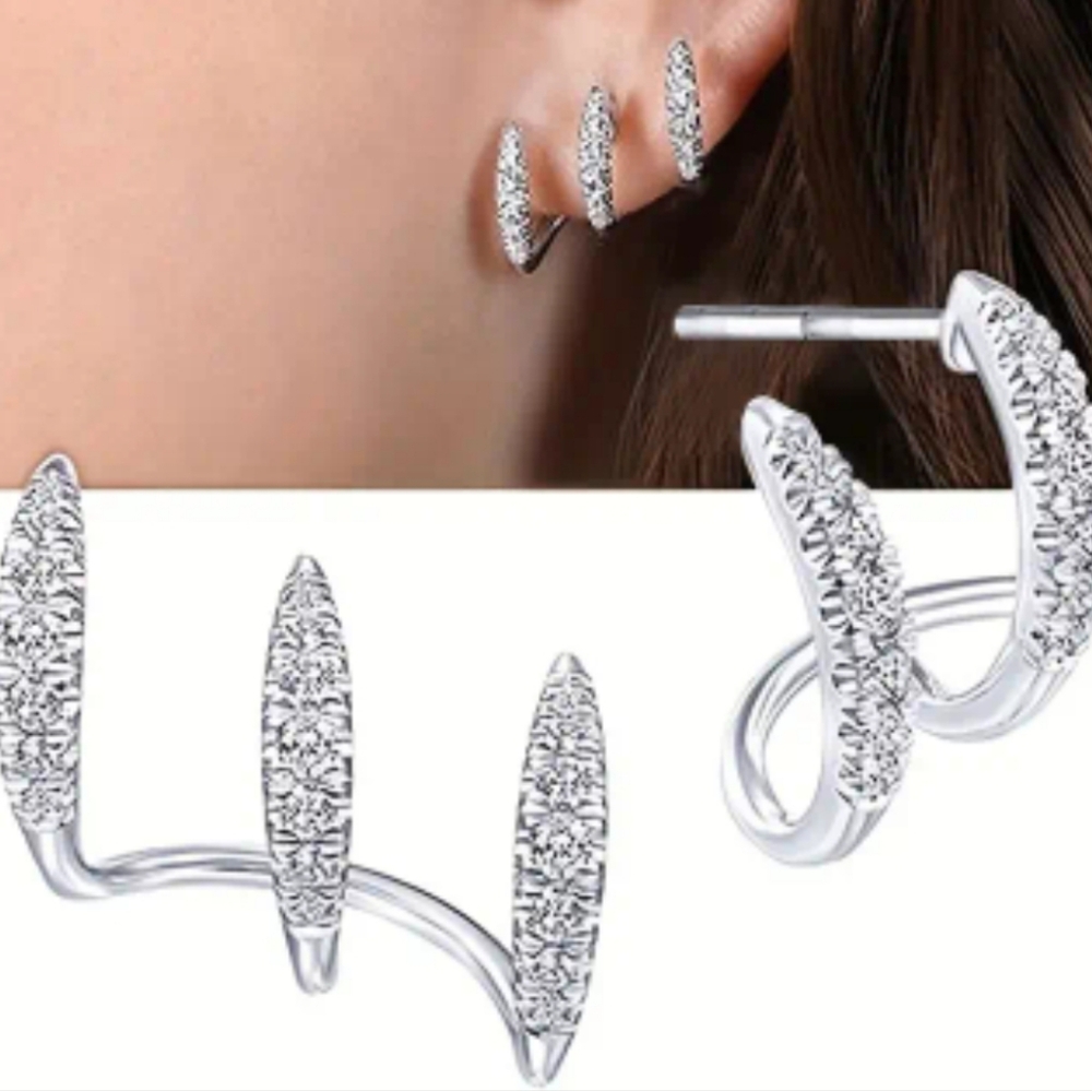 Elegant Curved Claw Rhinestone Stud Silver Toned Earrings